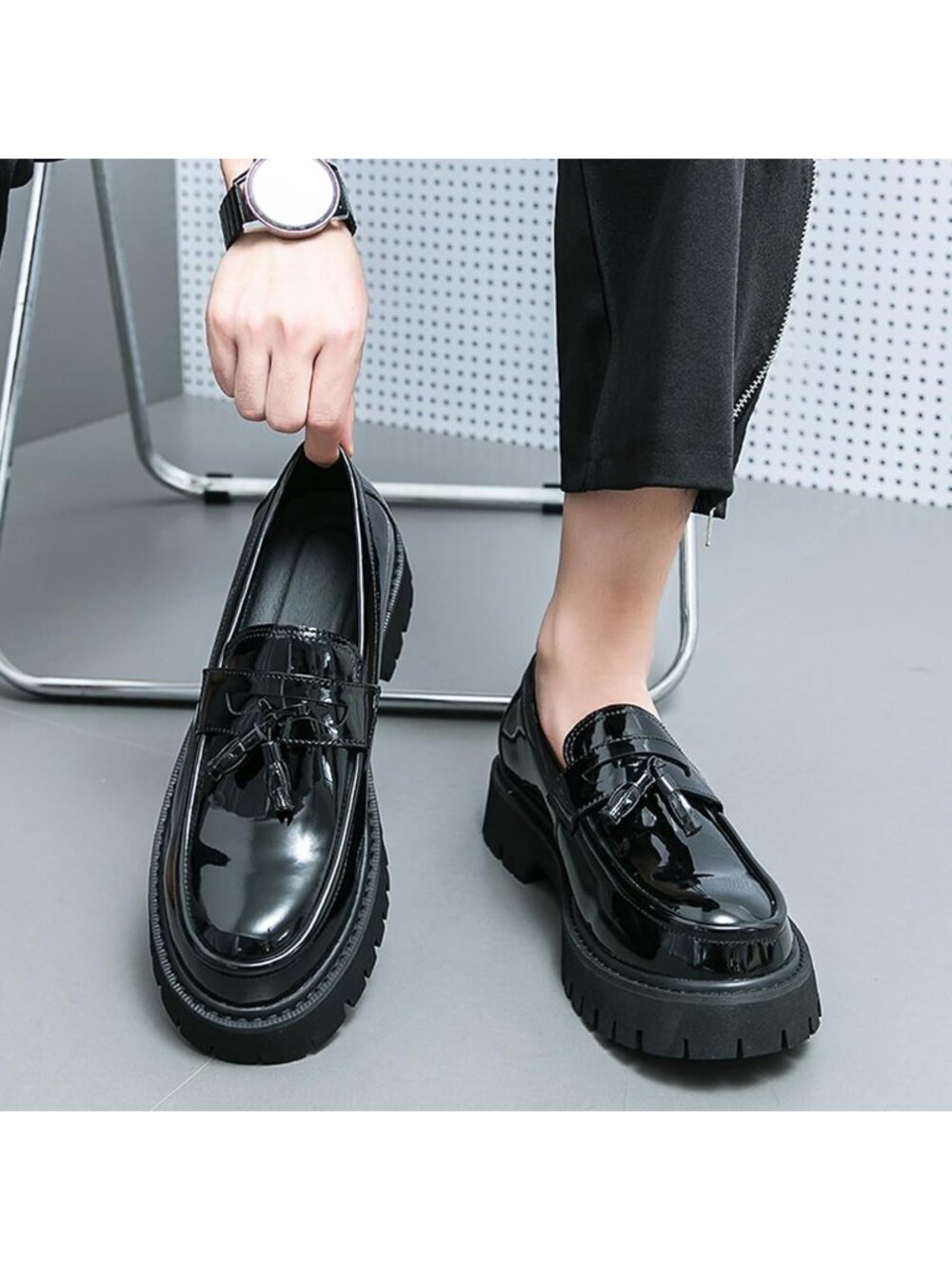 Men's Black Chunky Platform Loafers Slip On Business Dress Casual Shoes